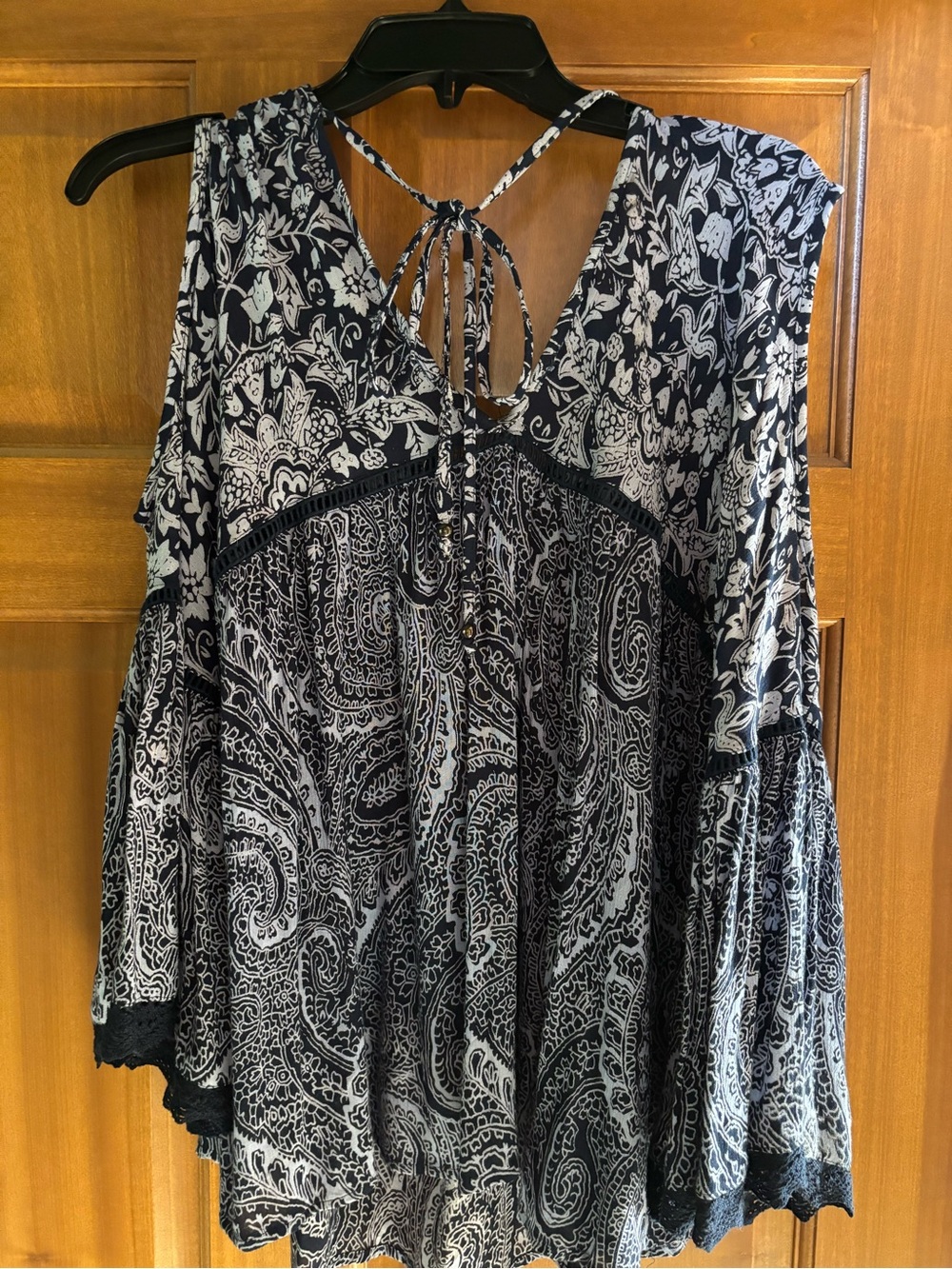 Angie Navy and Lighter Blue Paisley Cold-Shoulder Top